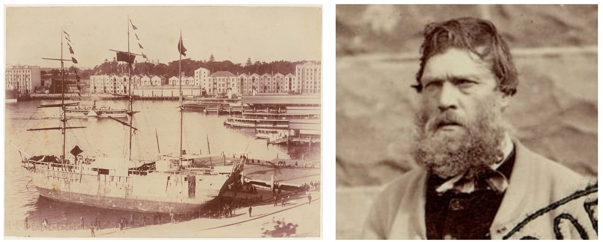 1. Photo of sailing ship moored in a harbour with warehouses and paddle steamers beyond. 2. photo of grim looking man with unkempt hair and beard.